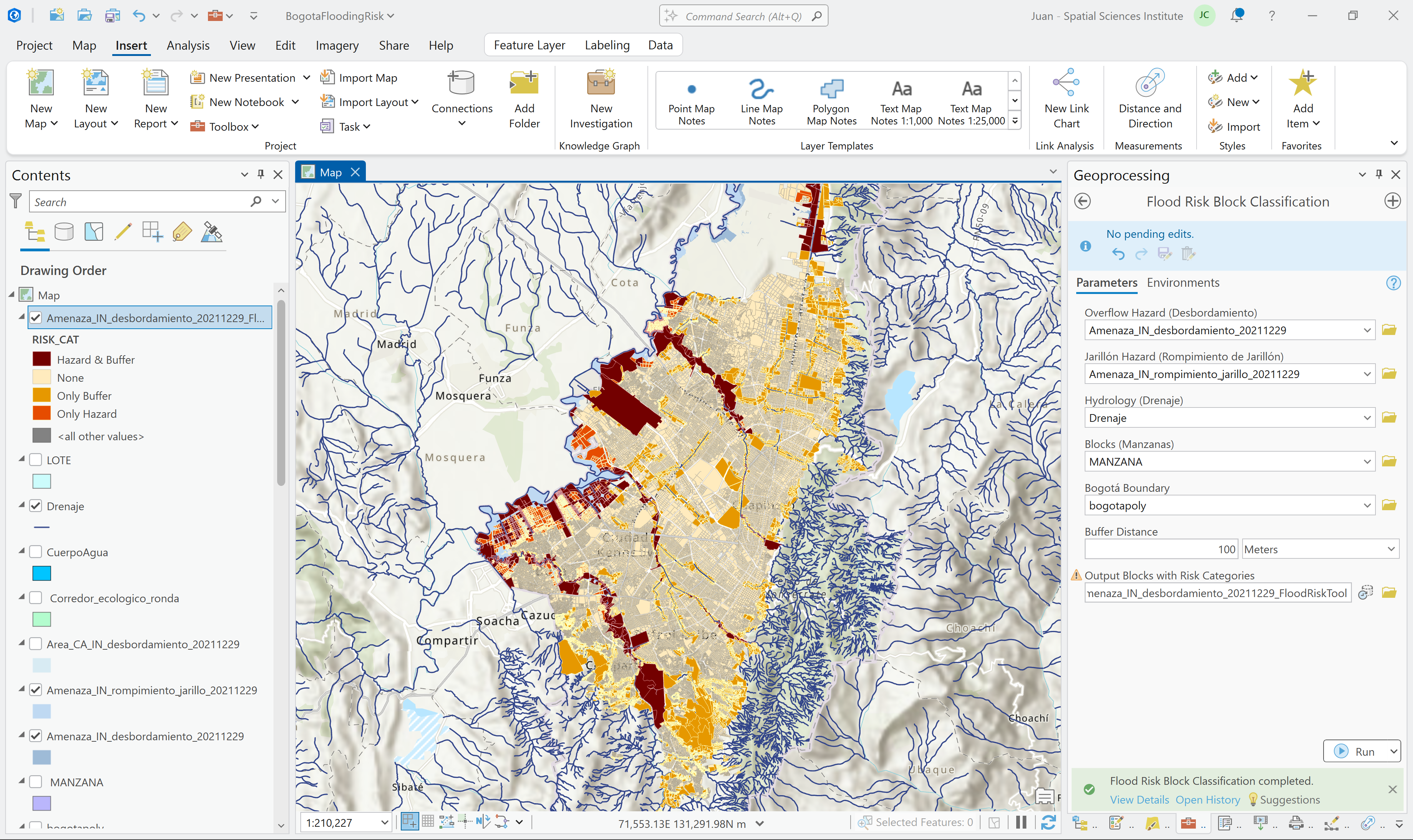 ArcGIS Pro toolbox execution — Geoprocessing pane and final layout map